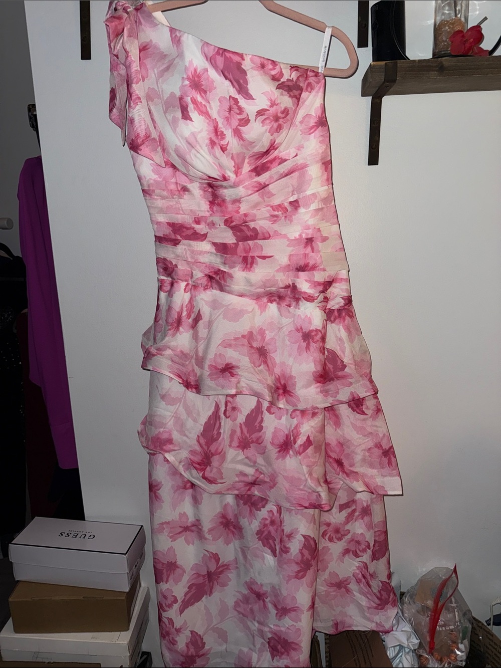 Xscape One-Shoulder Pink Floral Tiered Cocktail Dress